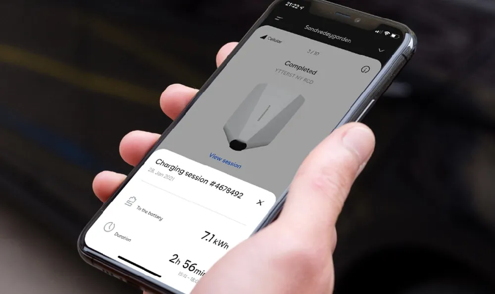 Easee One EV charger app showing charging session on mobile phone